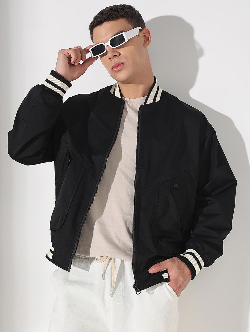 men black solid long sleeve varsity jacket