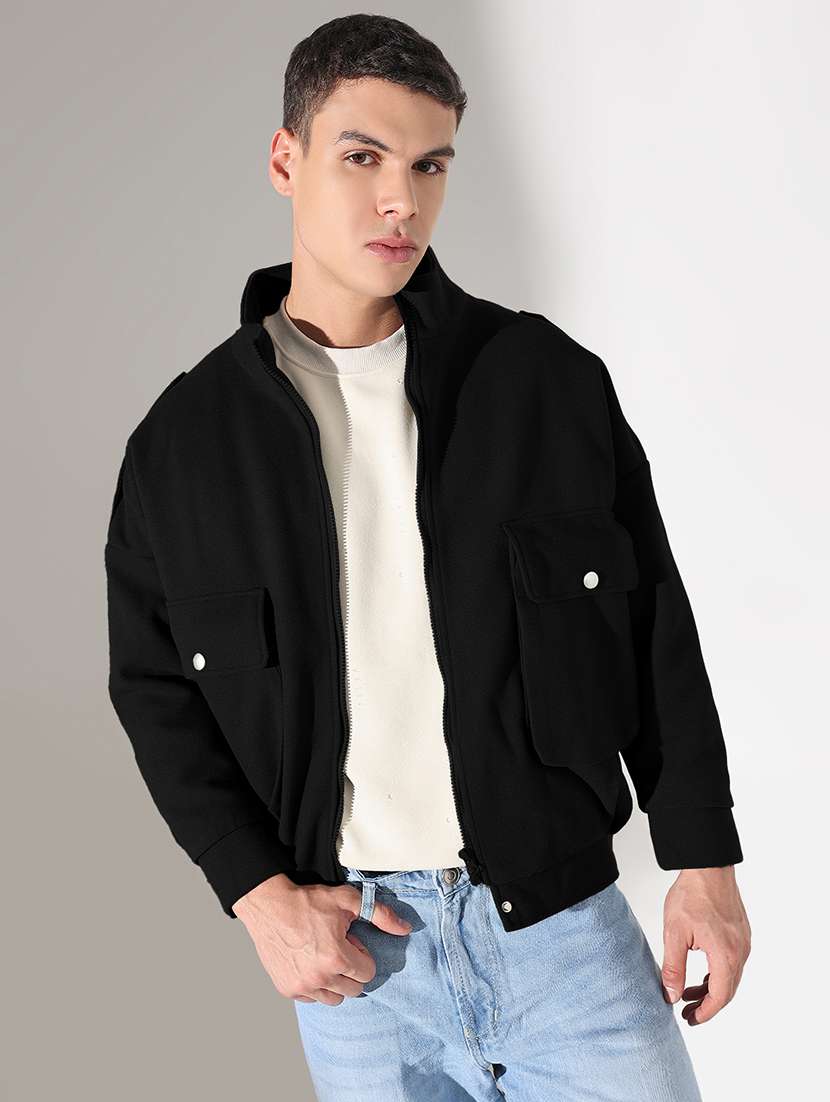 men black solid stand collar long sleeve puffer jacket