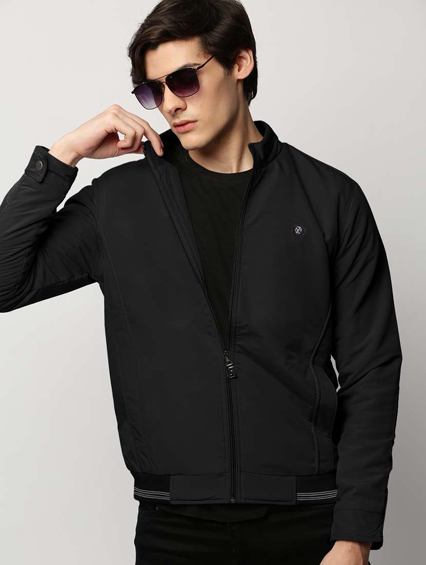 men black solid long sleeve bomber jacket