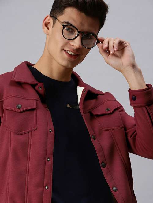 men maroon solid long sleeve collared casual jacket - 22038005 - Standard Image - 0