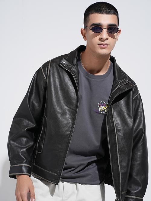 men solid long sleeve faux leather jacket - 22038009 - Standard Image - 0