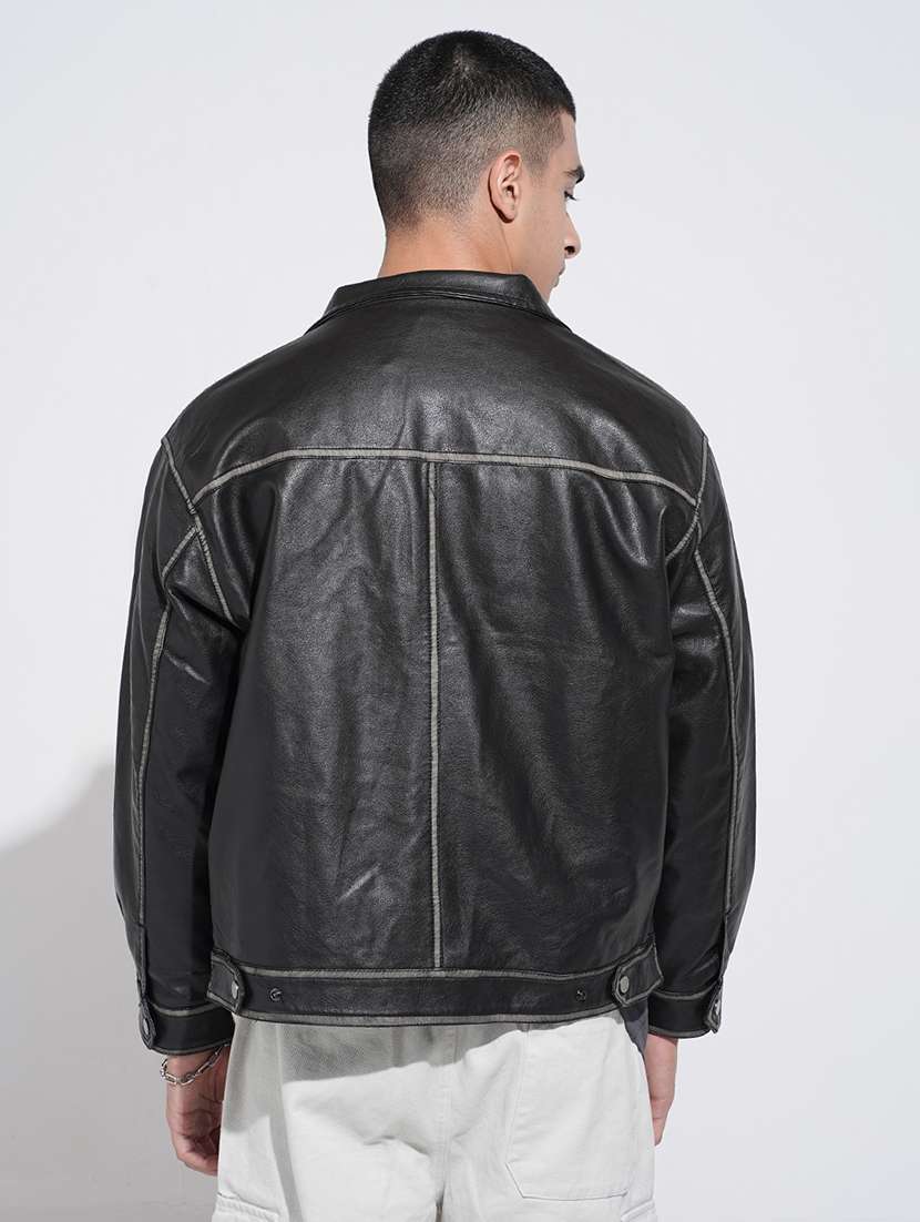 men solid long sleeve faux leather jacket - 22038009 - Standard Image - 3