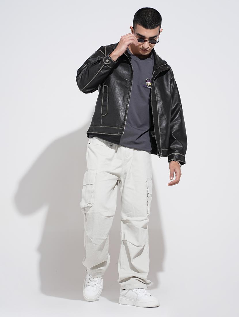 men solid long sleeve faux leather jacket - 22038009 - Standard Image - 5
