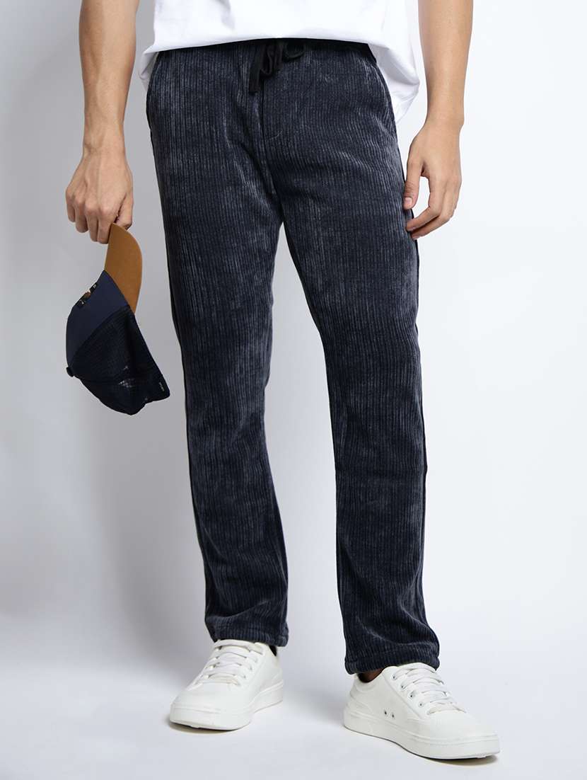 men solid mid rise corduroy casual trouser