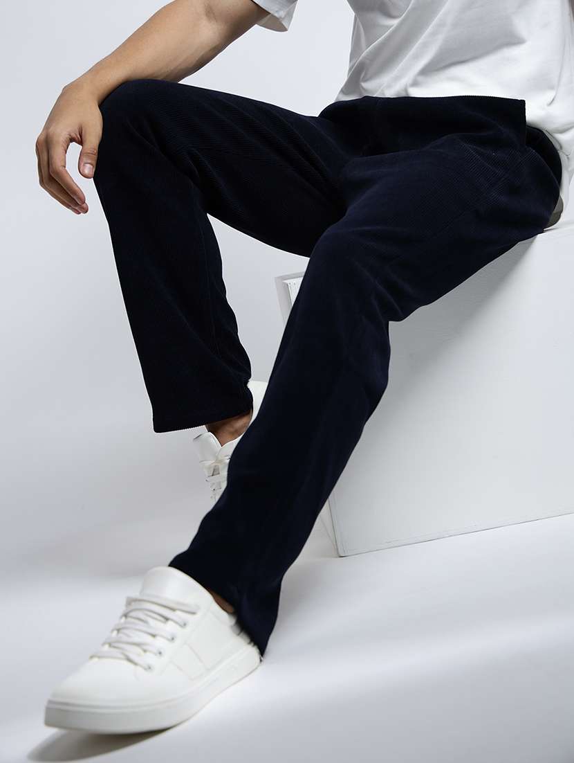 men solid mid rise corduroy casual trouser