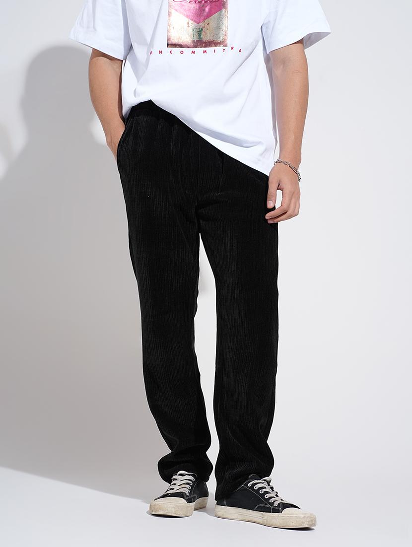 men solid mid rise straight fit corduroy trouser