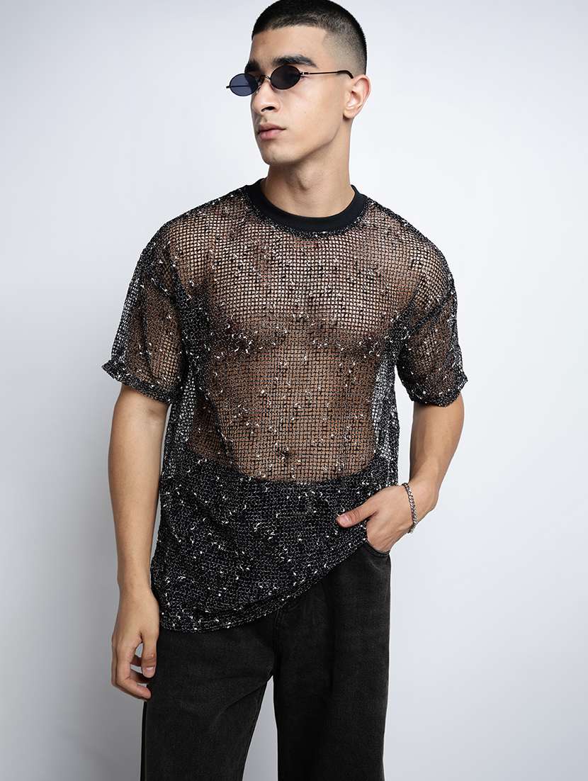 men self designed short sleeve regular fit sheer t-shirt - 22038113 - Zoom Image - 0