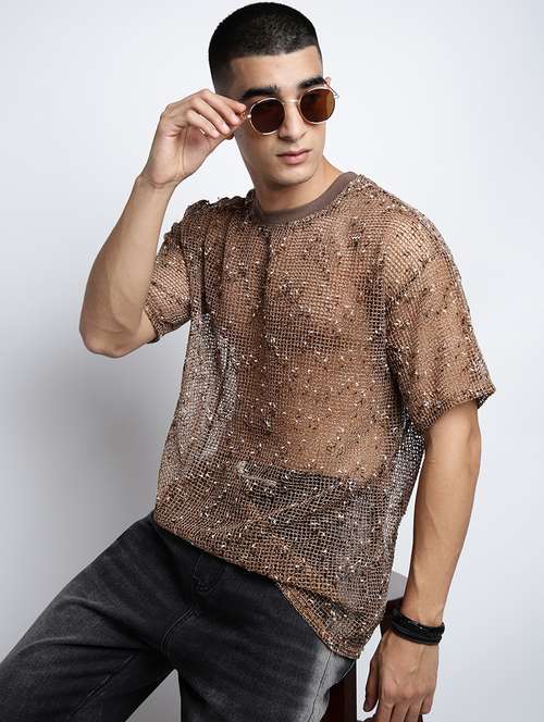 men self designed short sleeve regular fit sheer t-shirt - 22038114 -  Standard Image - 0