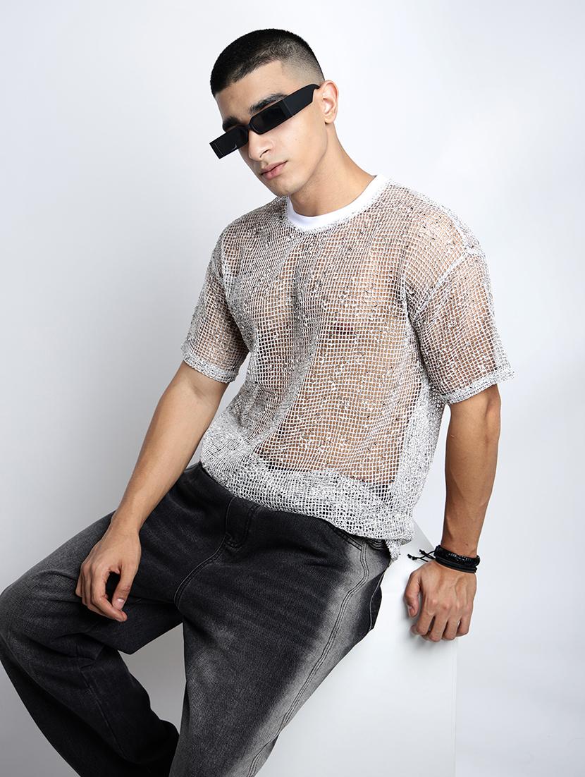 men self designed short sleeve regular fit sheer t-shirt