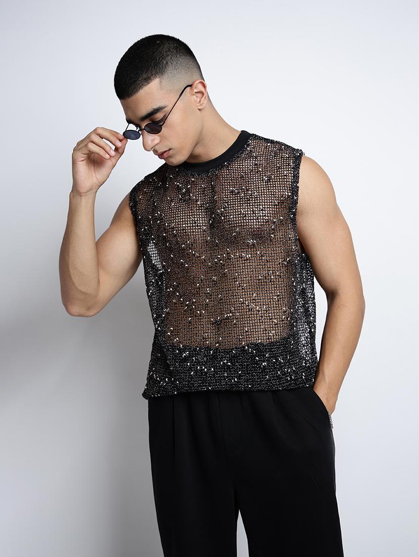 men self designed sleeveless regular fit sheer t-shirt