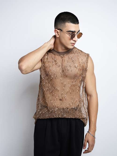 men self designed sleeveless regular fit sheer t-shirt - 22038117 -  Standard Image - 0