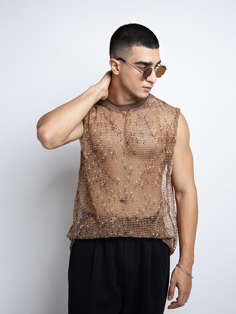 men self designed sleeveless regular fit sheer t-shirt