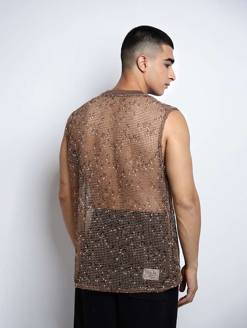 men self designed sleeveless regular fit sheer t-shirt - 22038117 -  Standard Image - 3