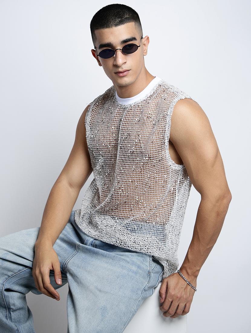 men self designed sleeveless regular fit sheer t-shirt