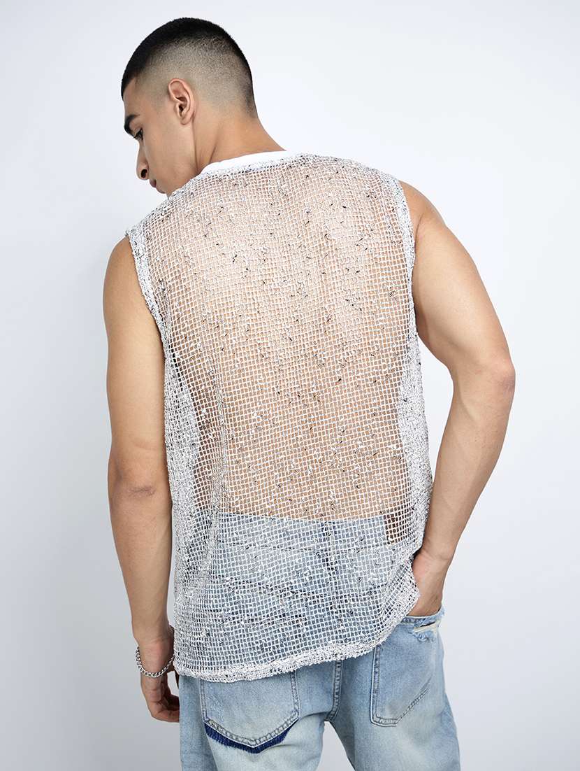 men self designed sleeveless regular fit sheer t-shirt - 22038118 - Standard Image - 3