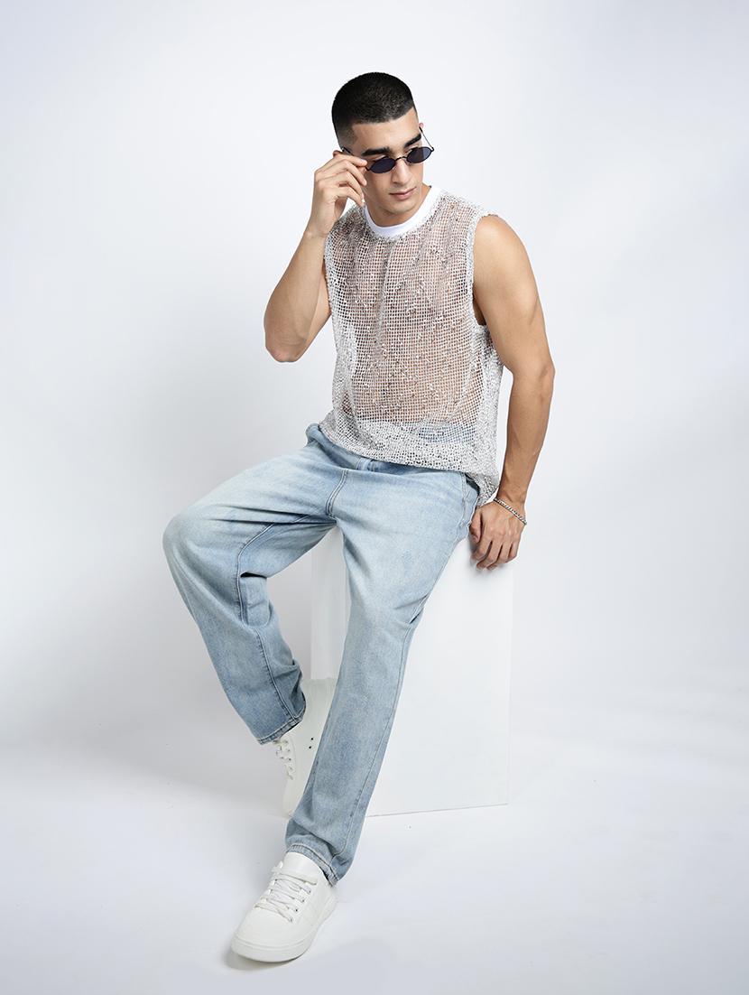 men self designed sleeveless regular fit sheer t-shirt - 22038118 - Standard Image - 5