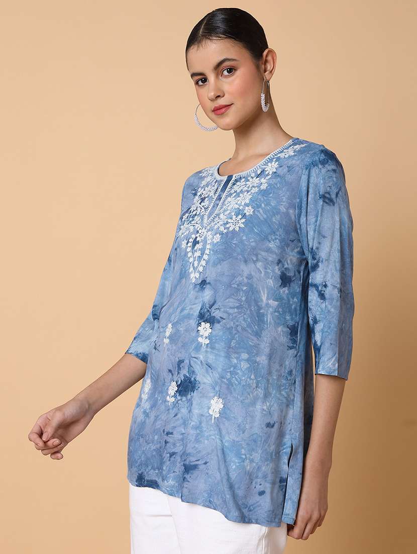 women tie & dye three quarter sleeve straight kurti - 22038223 -  Standard Image - 5