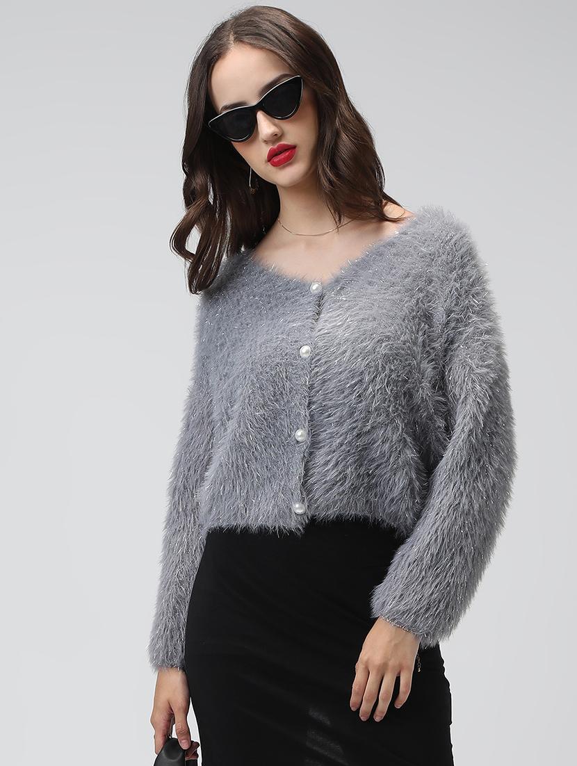 women grey solid long sleeve crop cardigan