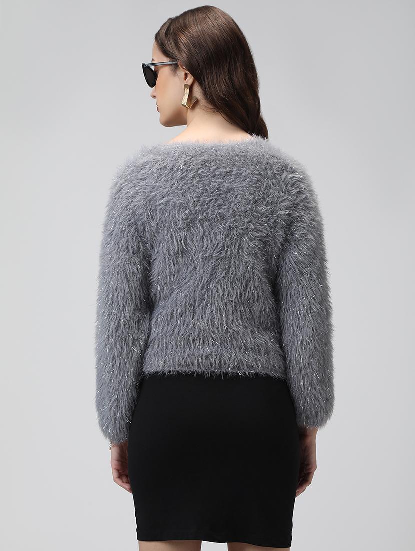 women grey solid long sleeve crop cardigan - 22038237 - Standard Image - 3