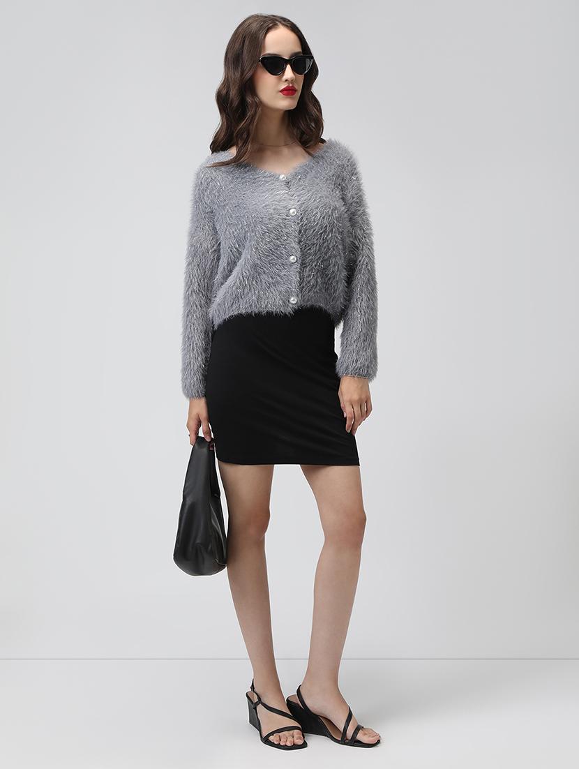 women grey solid long sleeve crop cardigan - 22038237 - Standard Image - 5