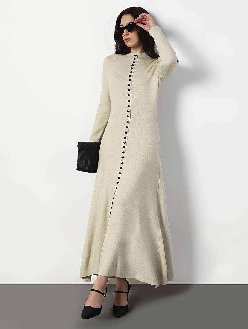 women cream solid long sleeve a-line dress - 22038243 - Zoom Image - 0