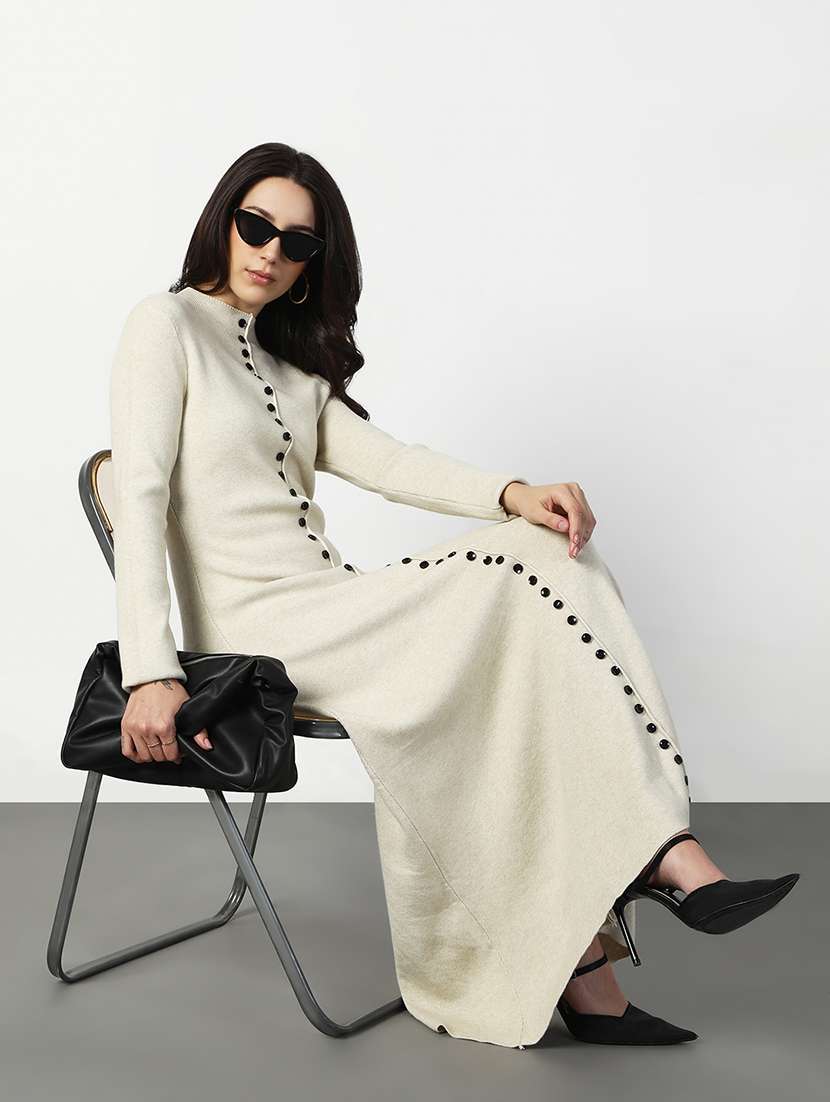 women cream solid long sleeve a-line dress - 22038243 - Standard Image - 3