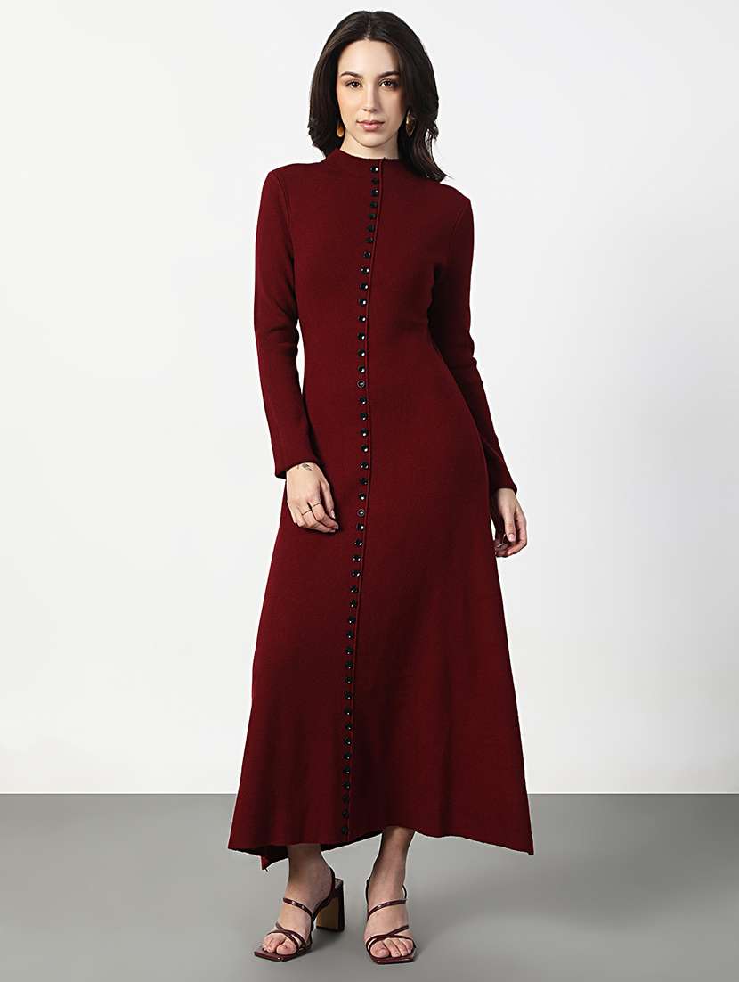 women maroon solid long sleeve a-line dress - 22038244 -  Standard Image - 3