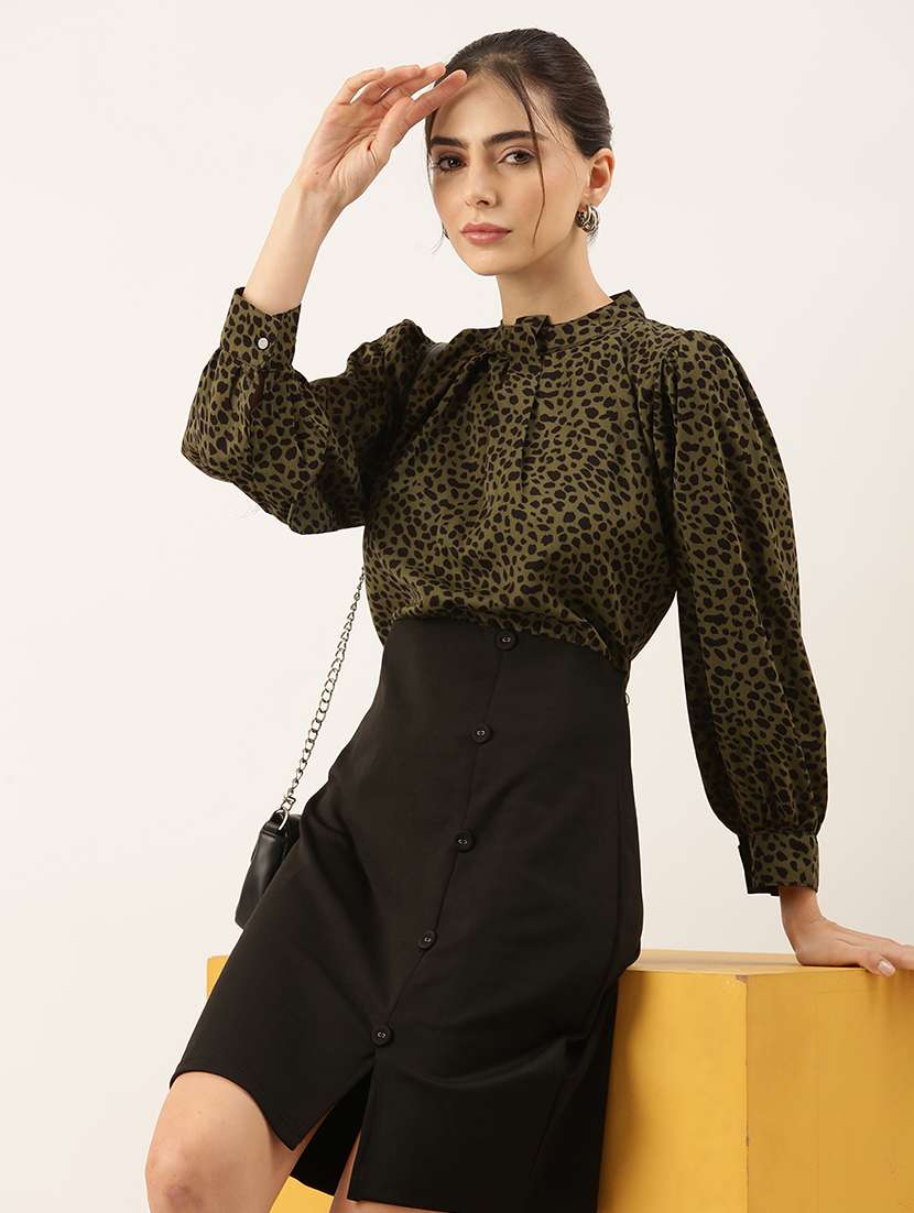 women animal print puff sleeve sheath dress