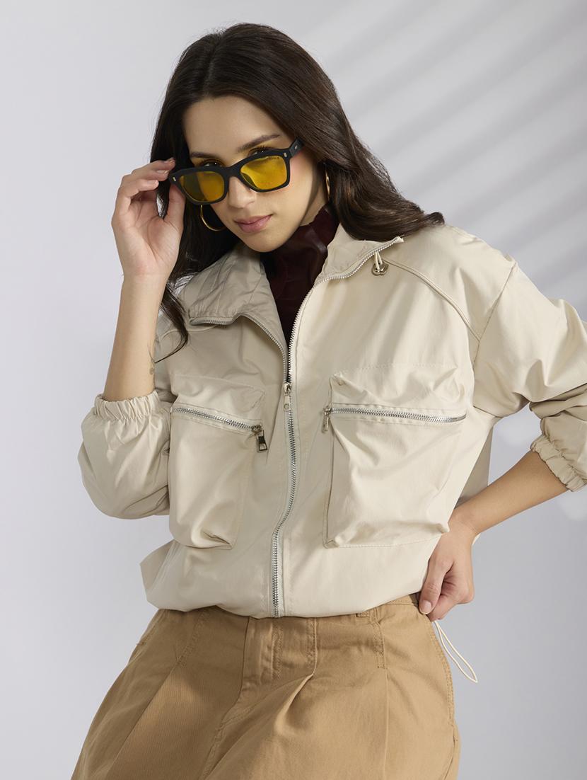 women cream solid long sleeve bomber jacket - 22038250 - Zoom Image - 0