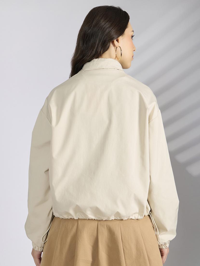 women cream solid long sleeve bomber jacket - 22038250 - Standard Image - 3