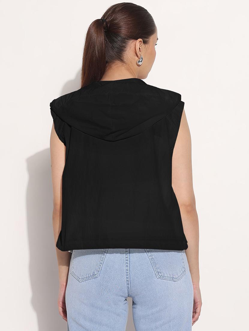 women solid sleeveless hooded windcheter jacket - 22038251 - Standard Image - 3