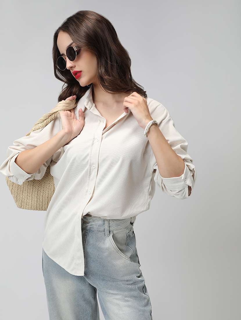 women solid collared long sleeve shirt
