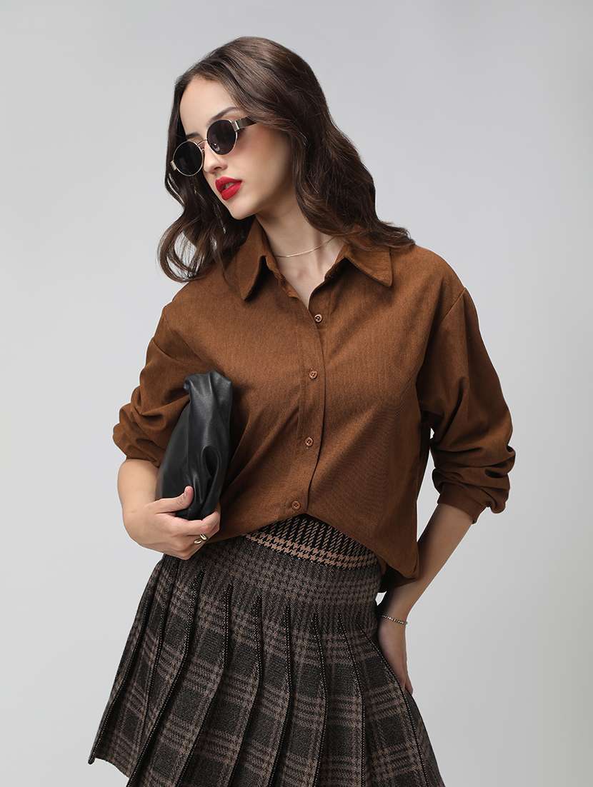 women solid collared long sleeve shirt