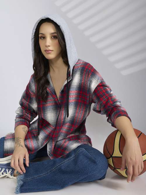 women checkered hooded long sleeve shirt - 22038260 - Standard Image - 0