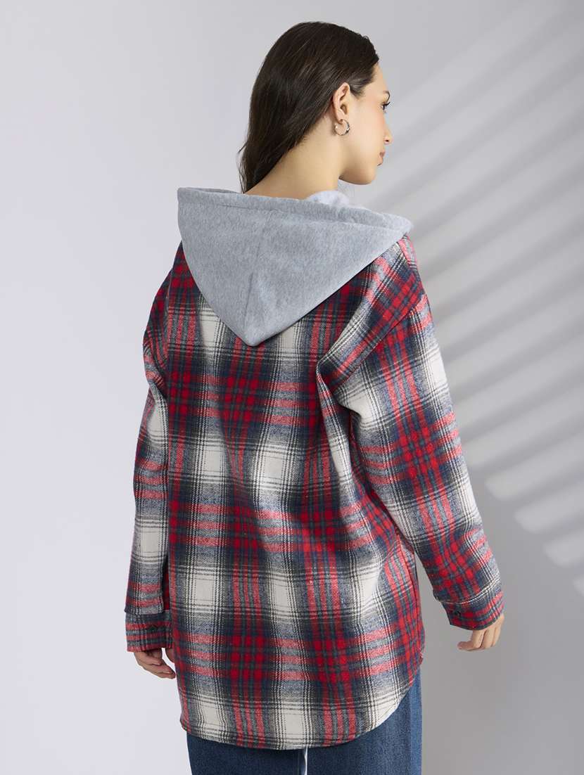 women checkered hooded long sleeve shirt - 22038260 - Standard Image - 3