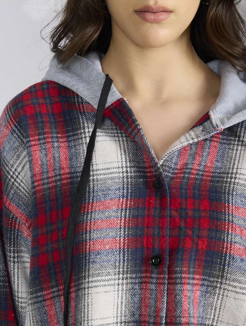 women checkered hooded long sleeve shirt - 22038260 - Standard Image - 5