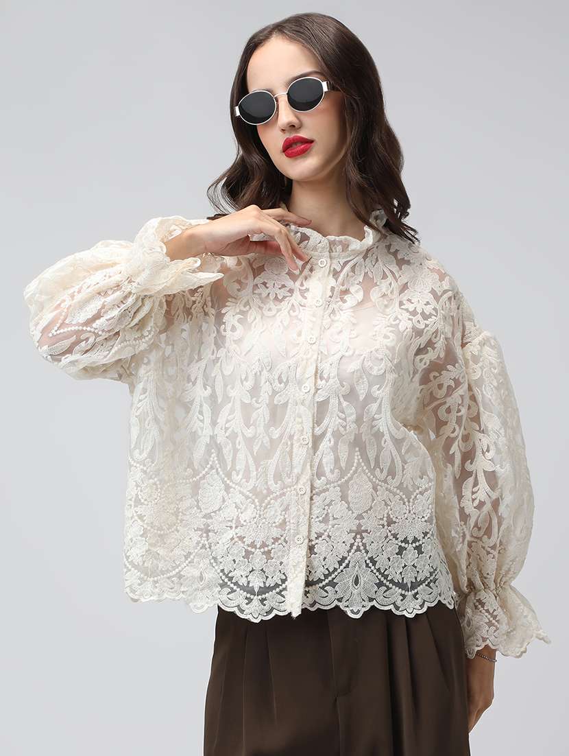 women embroidered mandarin neck puff sleeve shirt - 22038261 - Zoom Image - 0