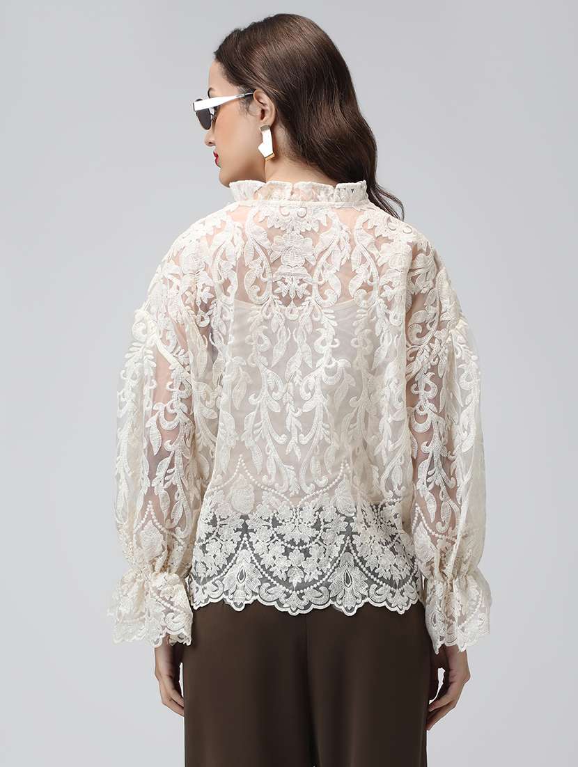 women embroidered mandarin neck puff sleeve shirt - 22038261 - Standard Image - 3