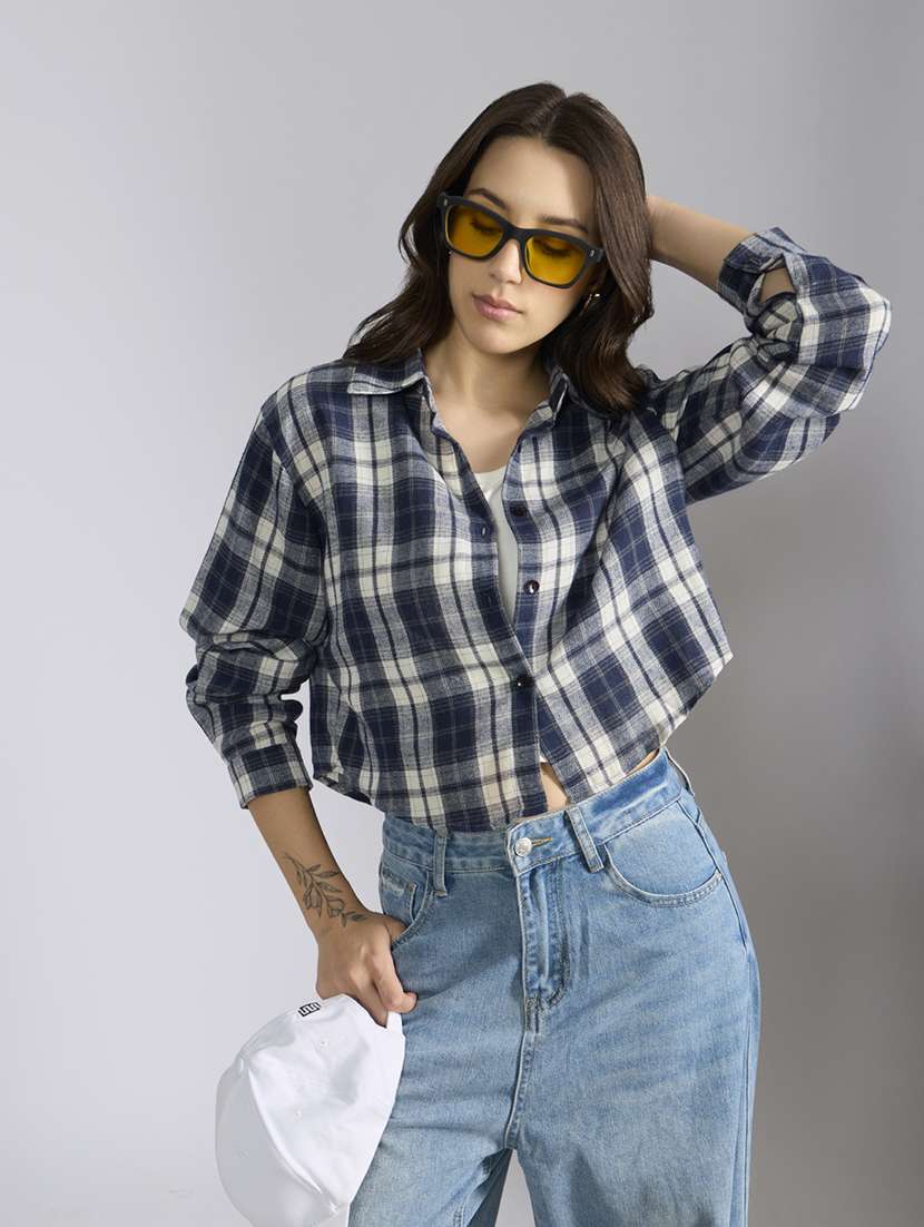 women checkered collared long sleeve shirt