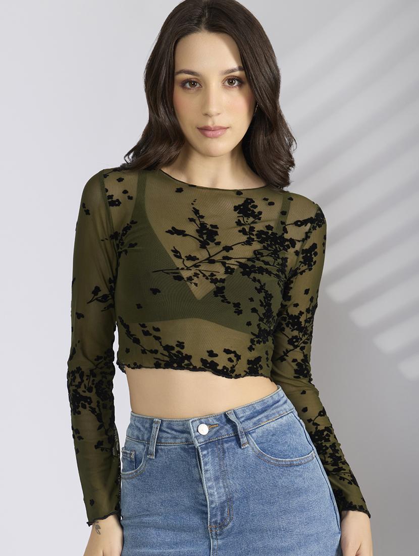 women self designed long sleeve mesh crop top