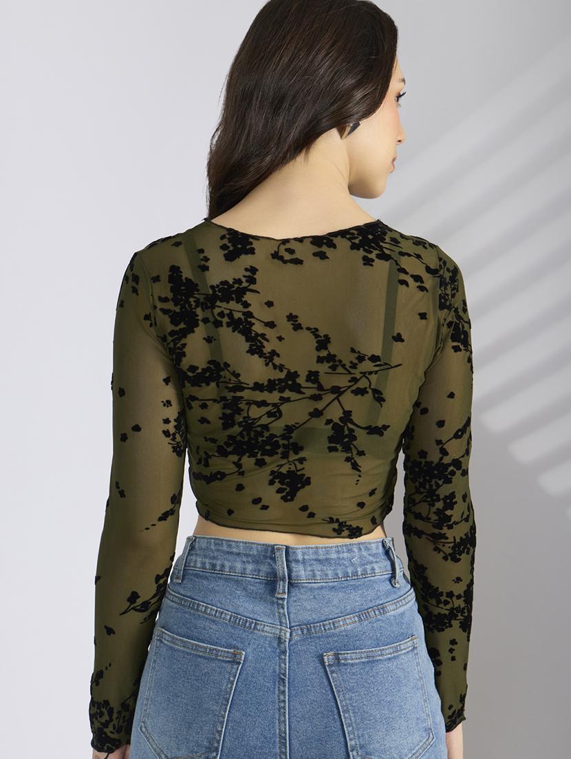 women self designed long sleeve mesh crop top - 22038291 - Standard Image - 3