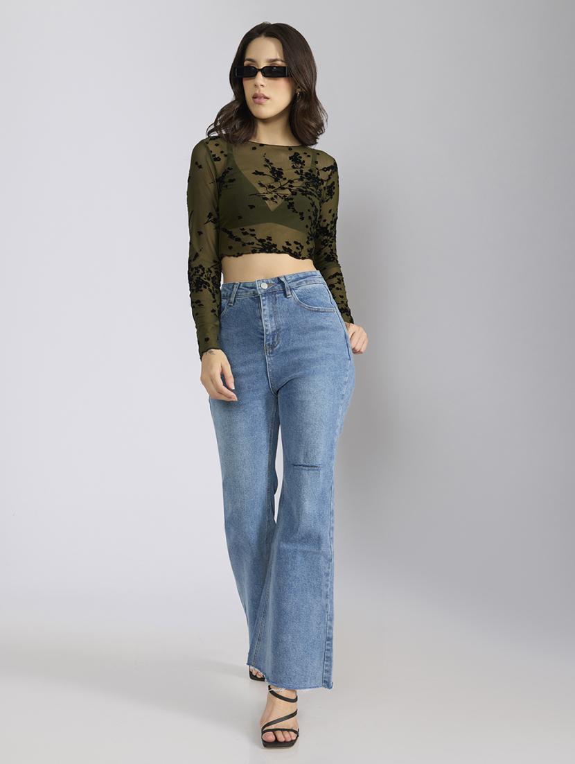 women self designed long sleeve mesh crop top - 22038291 - Standard Image - 5
