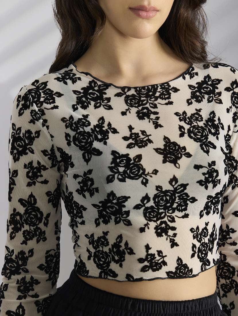 women self designed long sleeve sheer crop top - 22038292 -  Standard Image - 5