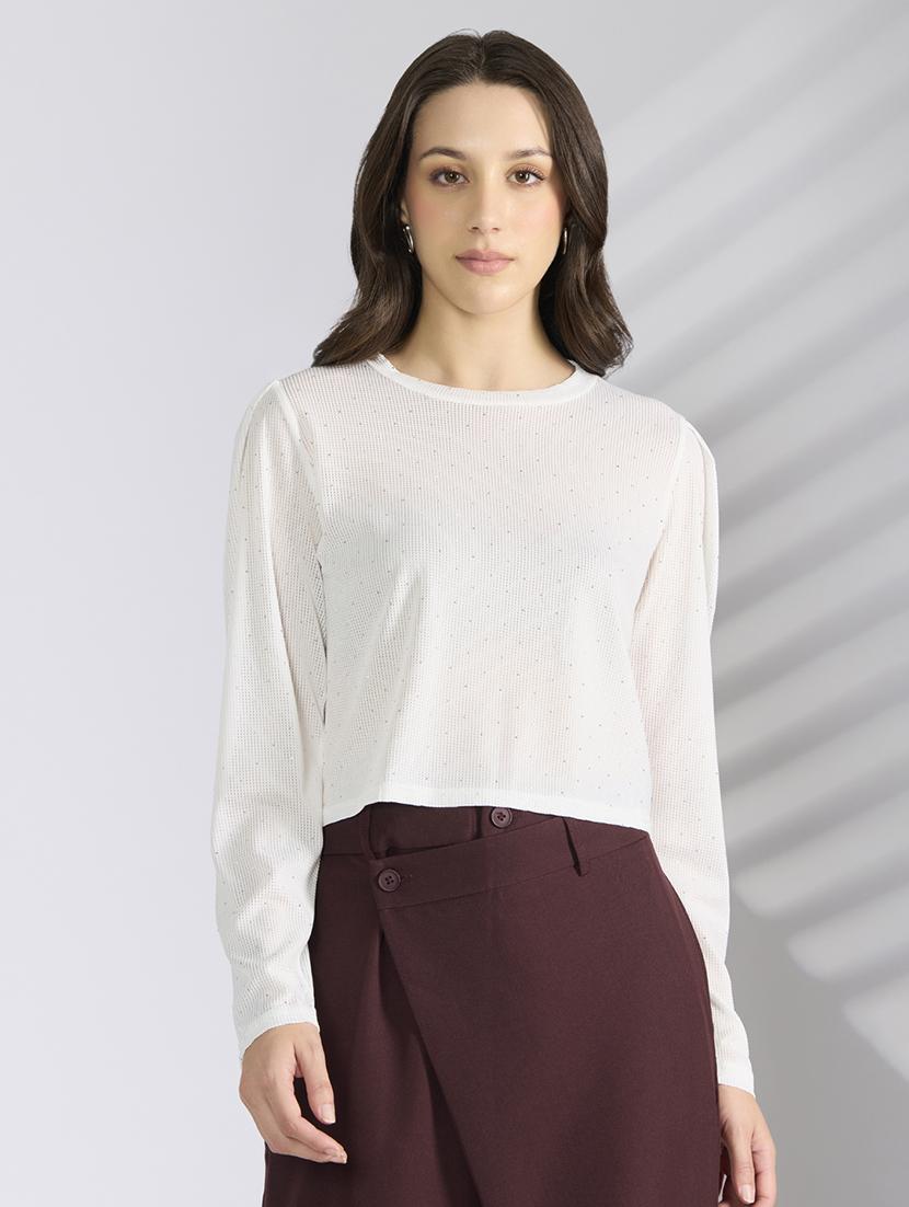 women solid long sleeve crop top