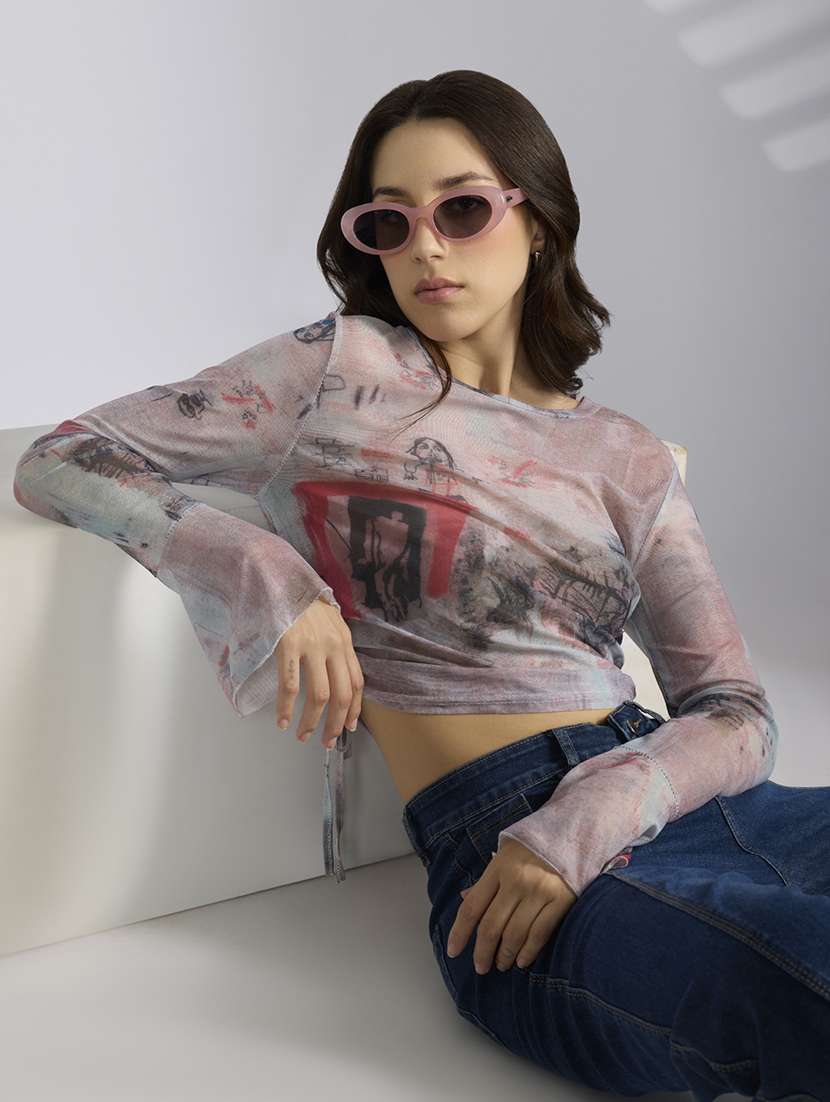 women printed long sleeve sheer ruched top