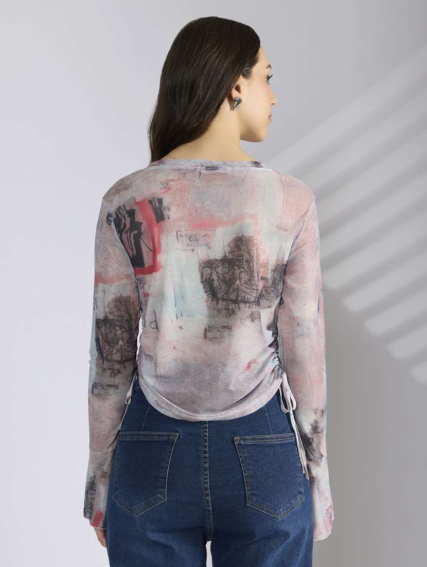 women printed long sleeve sheer ruched top - 22038294 -  Standard Image - 3