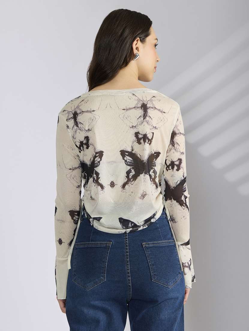 women printed long sleeve sheer ruched top - 22038295 -  Standard Image - 3