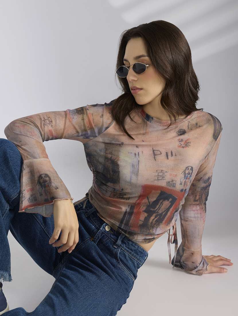 women printed long sleeve sheer ruched top