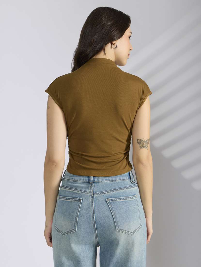 women olive solid short sleeve crop top - 22038307 -  Standard Image - 3