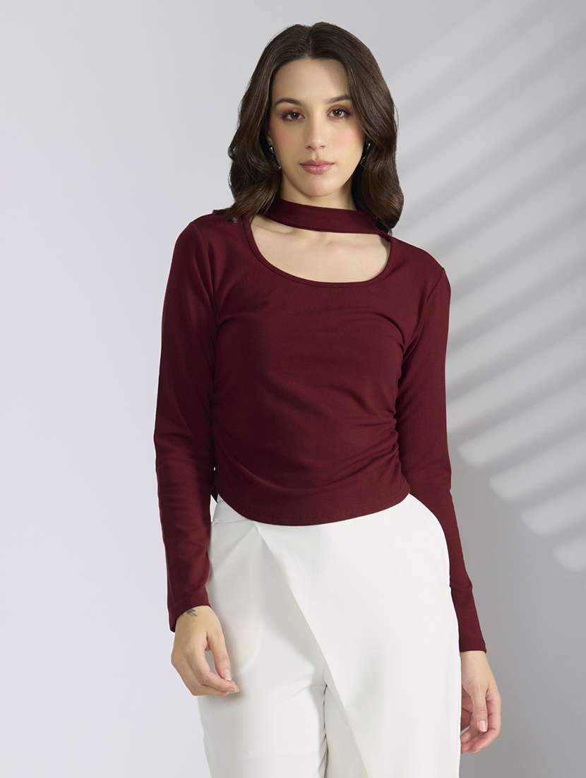 women solid marron long sleeve regular top